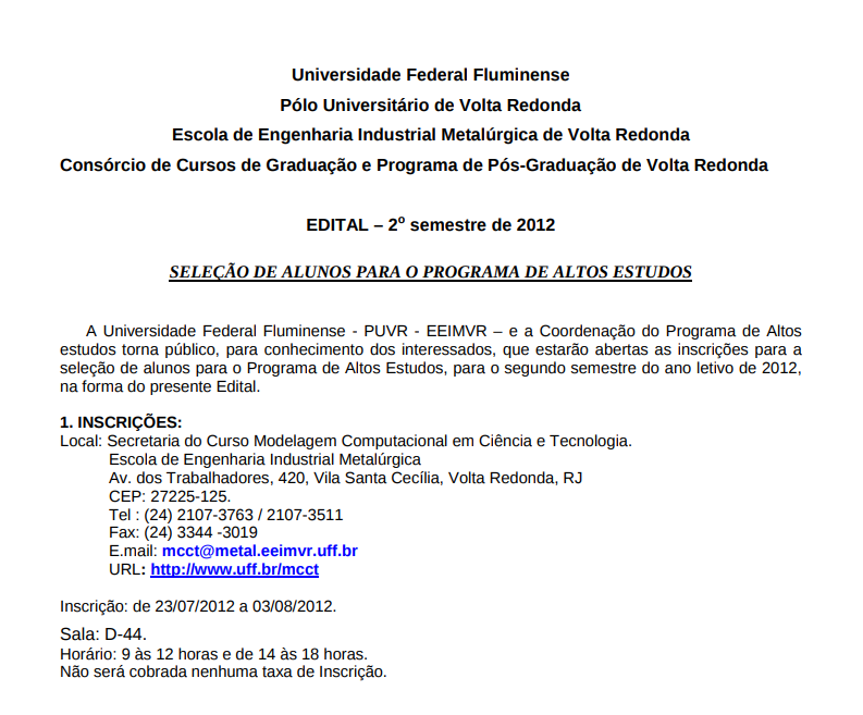 Programa Altos estudos – PROCESSO SELETIVO 2014-2015 INFES/Pádua